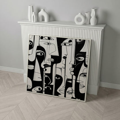 Cubist Abstract Faces in Black and White Canvas in white floating frame
