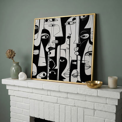 Cubist Abstract Faces in Black and White Canvas in yellow gold floating frame
