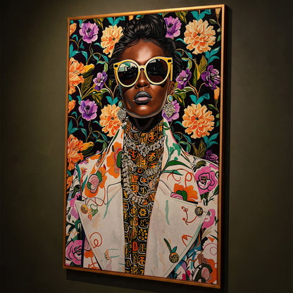 Bold Fashion Black Woman Canvas Print shown in antique gold floating frame