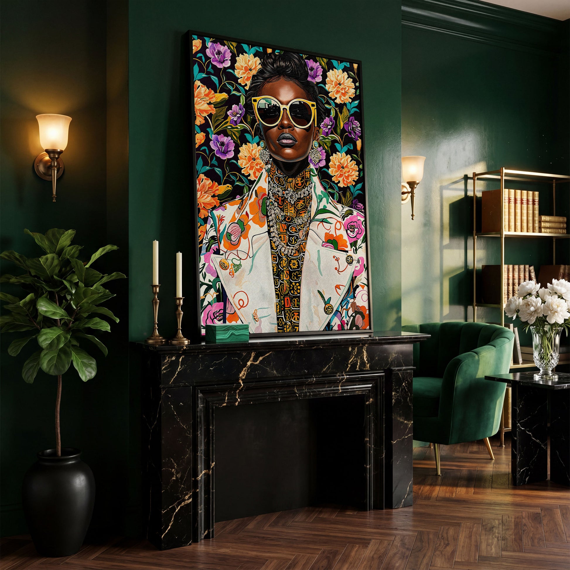 Bold Fashion Black Woman Canvas Print in black floating frame