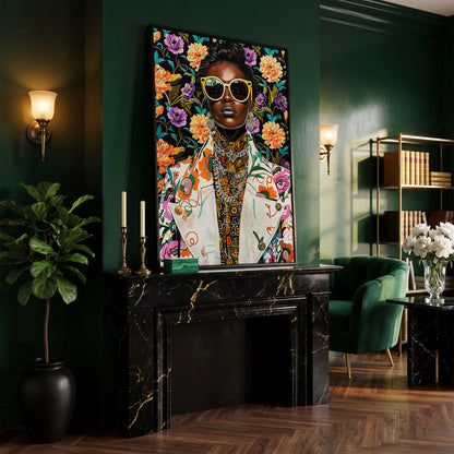 Bold Fashion Black Woman Canvas Print in black floating frame