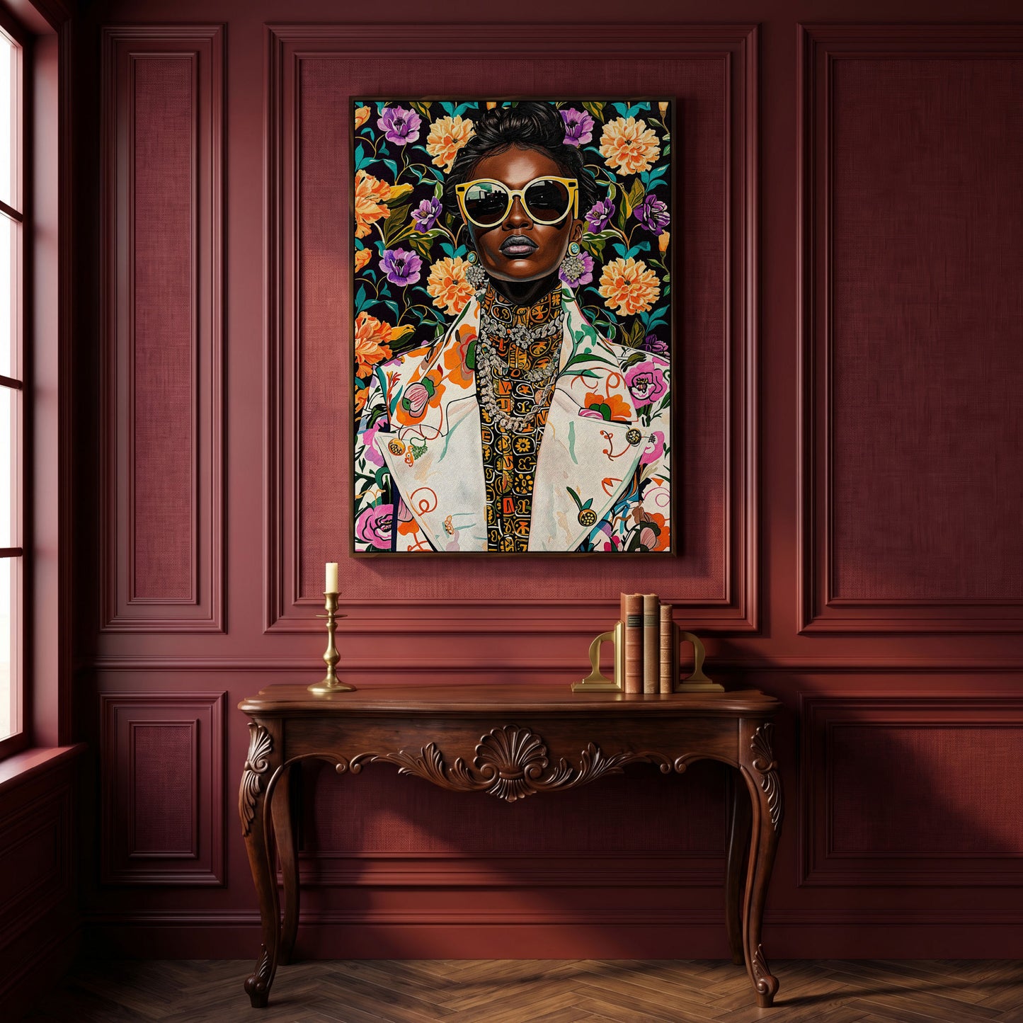 Bold Fashion Black Woman Canvas Print in dark walnut floating frame