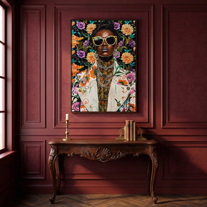 Bold Fashion Black Woman Canvas Print in dark walnut floating frame