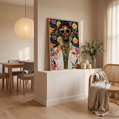 Bold Fashion Black Woman Canvas Print in white oak floating frame