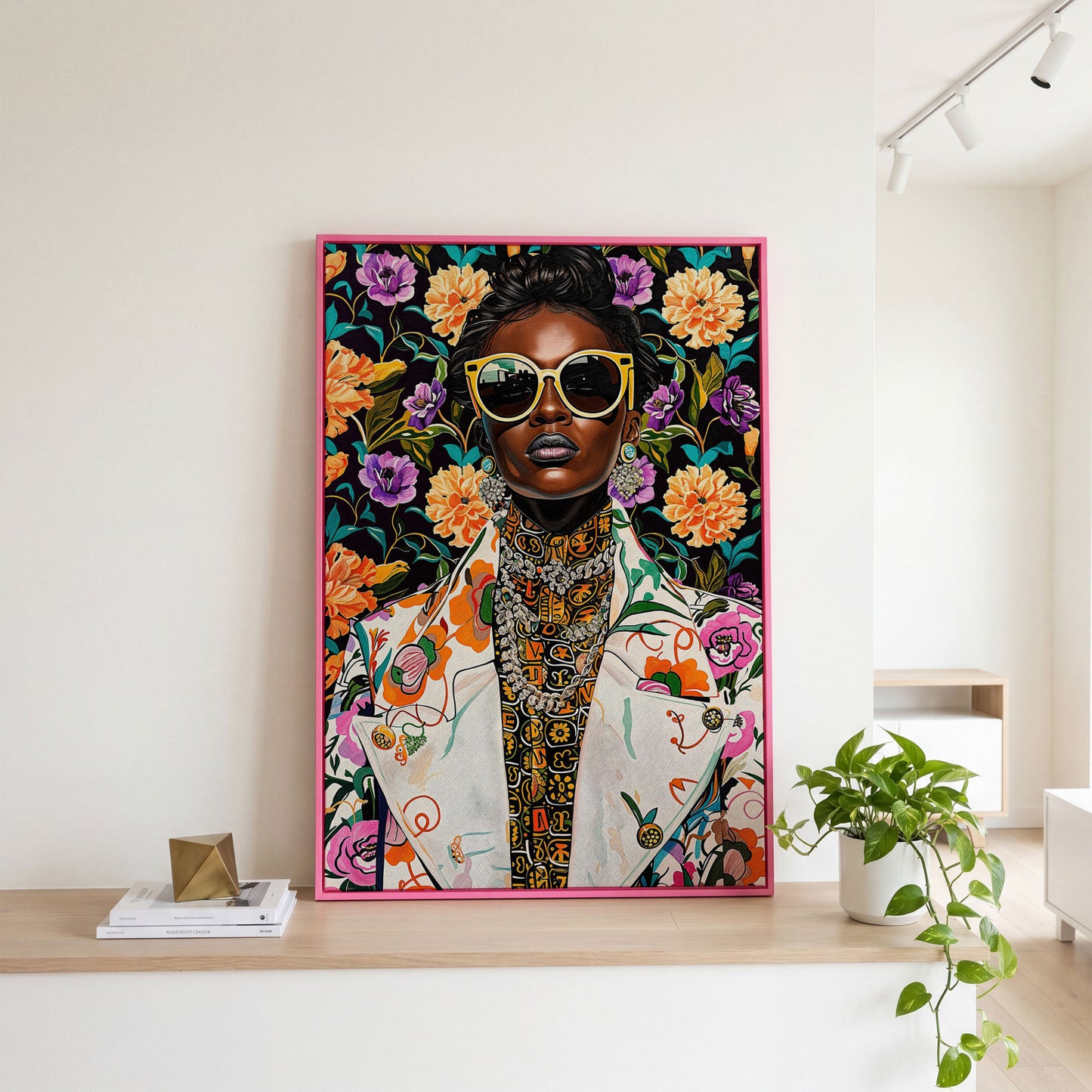Bold Fashion Black Woman Canvas Print in pink floating frame