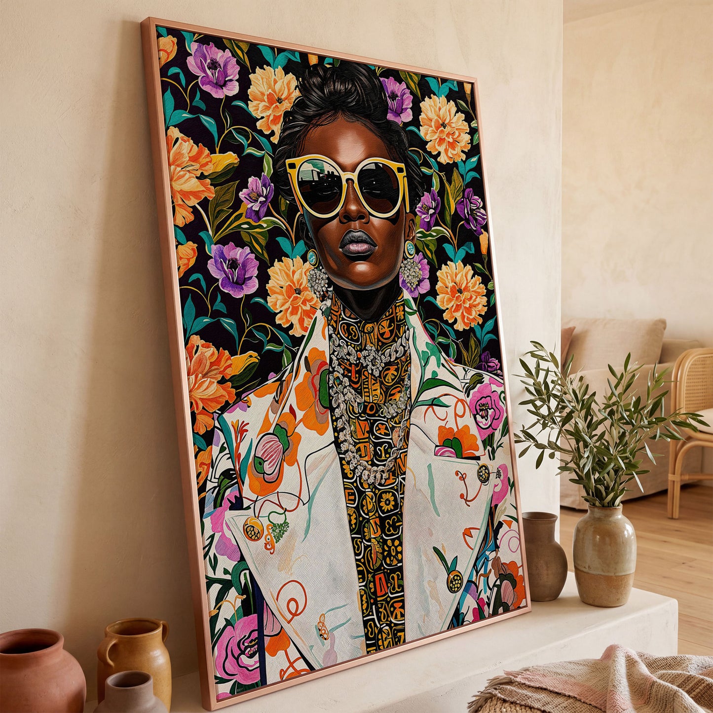 Bold Fashion Black Woman Canvas Print in rose gold floating frame