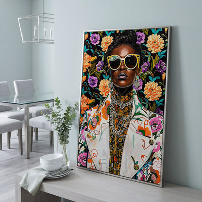 Bold Fashion Black Woman Canvas Print in silver floating frame