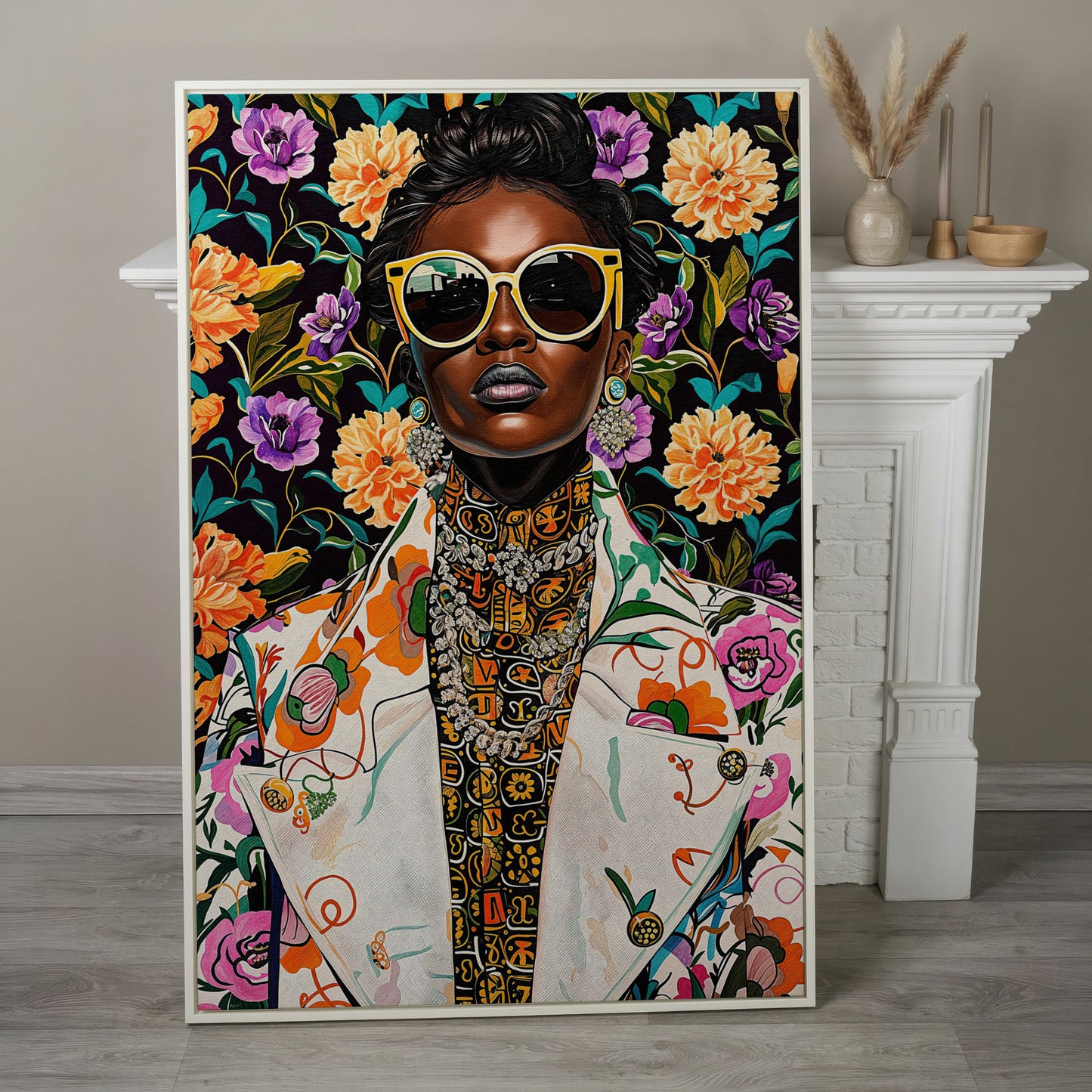 Bold Fashion Black Woman Canvas Print in white floating frame
