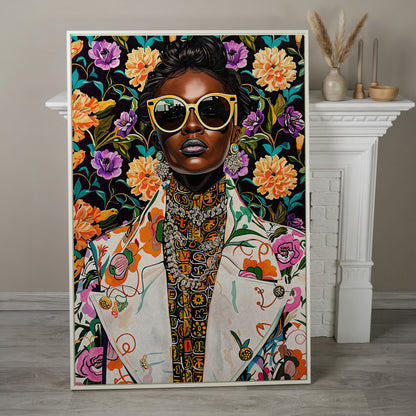 Bold Fashion Black Woman Canvas Print in white floating frame