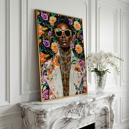 Bold Fashion Black Woman Canvas Print in yellow gold floating frame