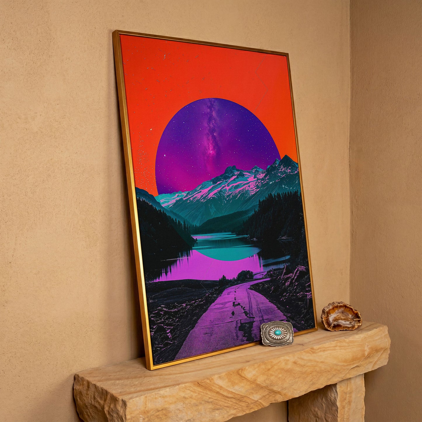 Surreal Mountain Lake Road Under a Starry Sky Canvas Print in antique gold floating frame