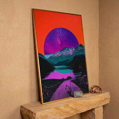 Surreal Mountain Lake Road Under a Starry Sky Canvas Print in antique gold floating frame