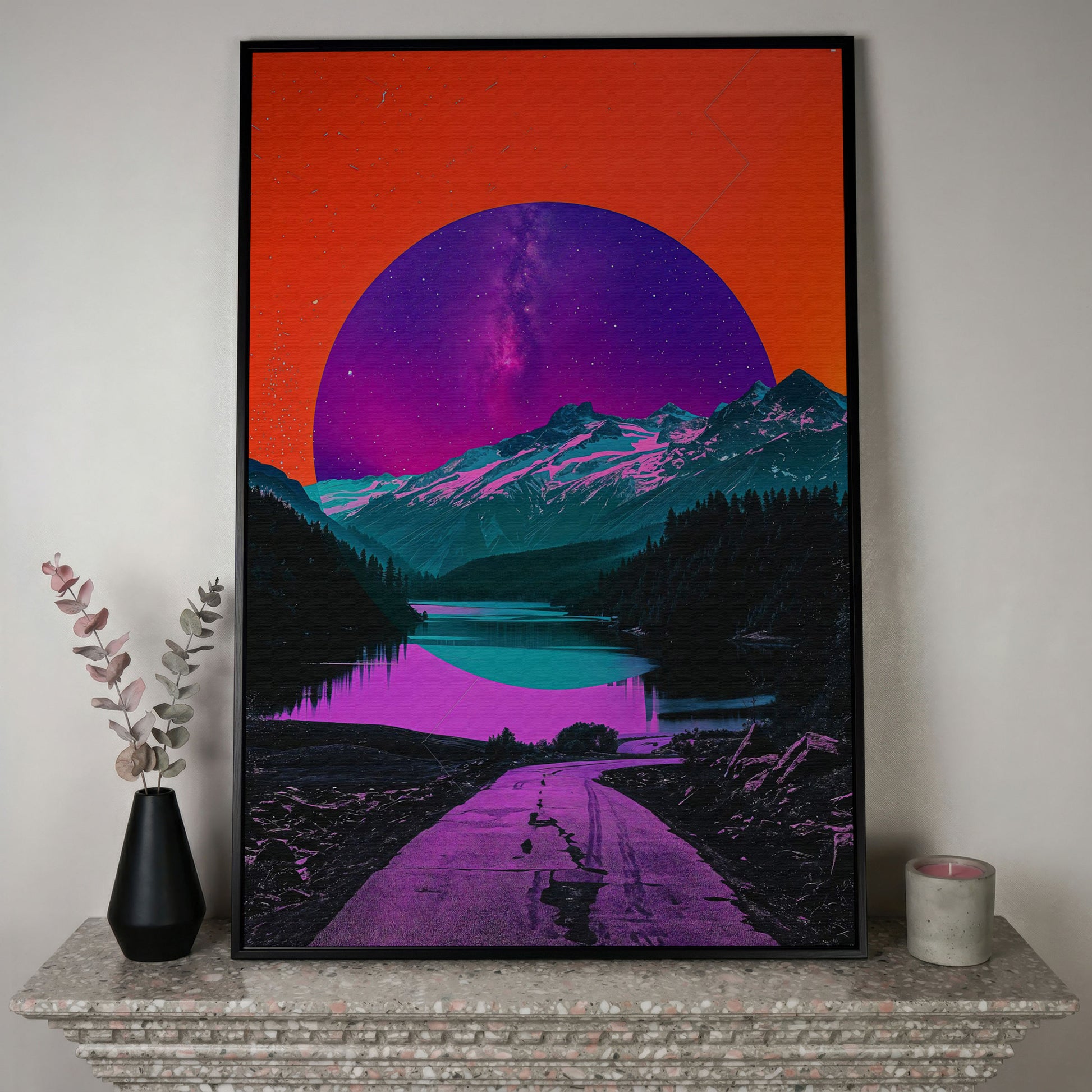 Surreal Mountain Lake Road Under a Starry Sky Canvas Print in black floating frame