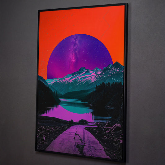 Surreal Mountain Lake Road Under a Starry Sky Canvas Print shown in black floating frame