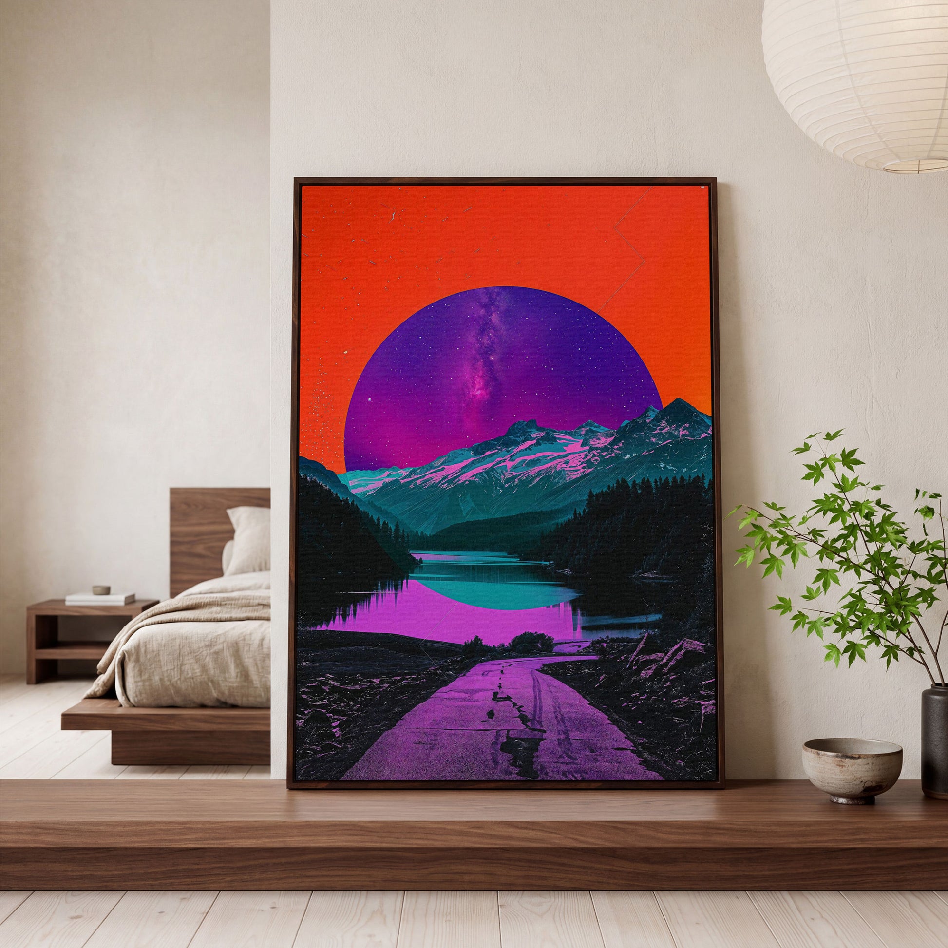 Surreal Mountain Lake Road Under a Starry Sky Canvas Print in dark walnut floating frame
