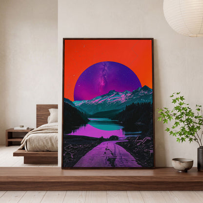Surreal Mountain Lake Road Under a Starry Sky Canvas Print in dark walnut floating frame