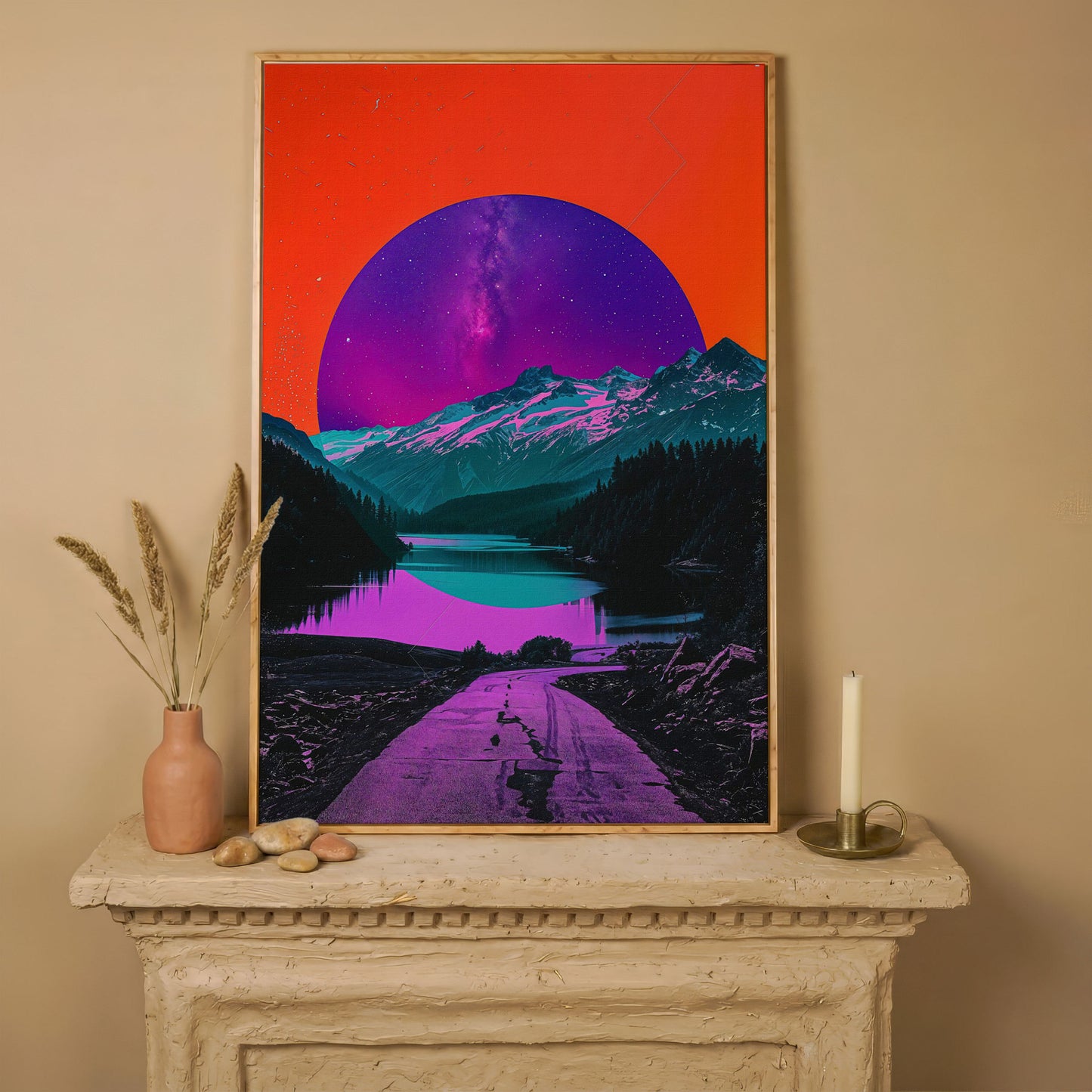 Surreal Mountain Lake Road Under a Starry Sky Canvas Print in white oak floating frame