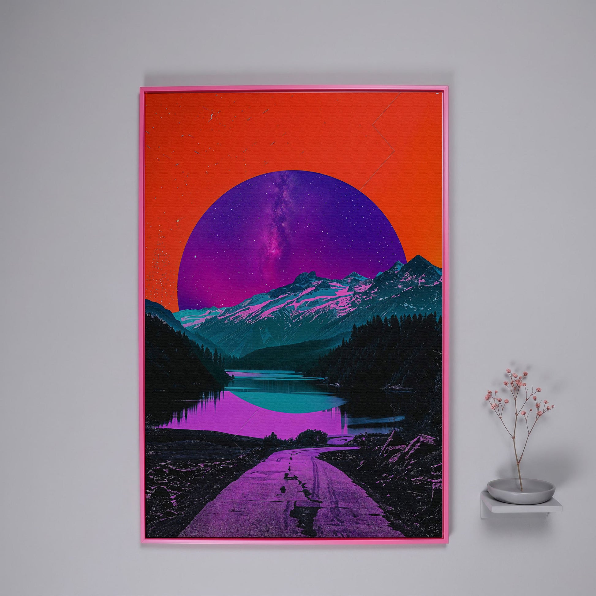 Surreal Mountain Lake Road Under a Starry Sky Canvas Print in pink floating frame
