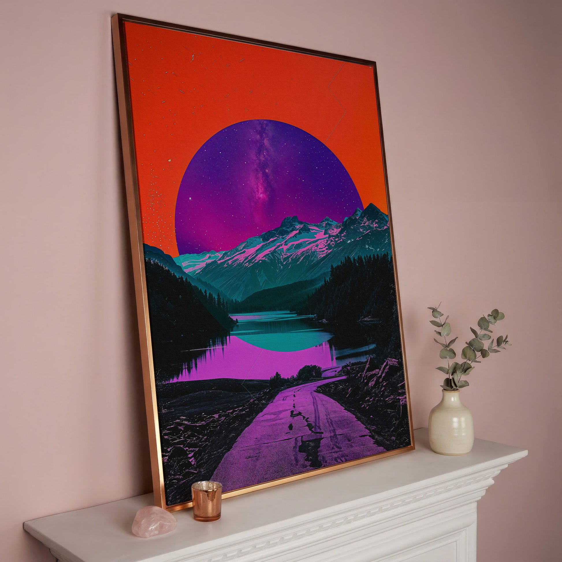 Surreal Mountain Lake Road Under a Starry Sky Canvas Print in rose gold floating frame