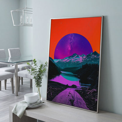 Surreal Mountain Lake Road Under a Starry Sky Canvas Print in silver floating frame
