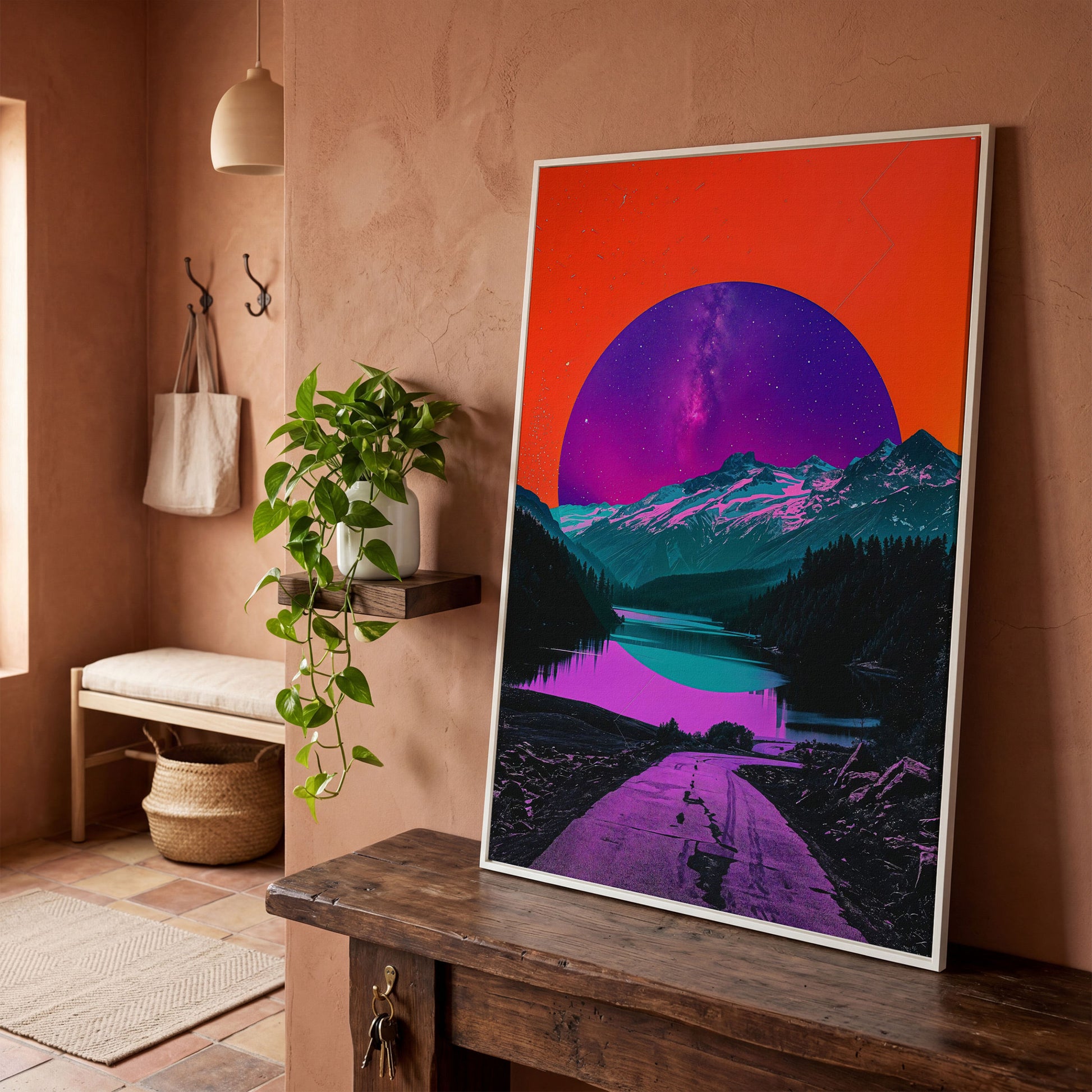 Surreal Mountain Lake Road Under a Starry Sky Canvas Print in white floating frame