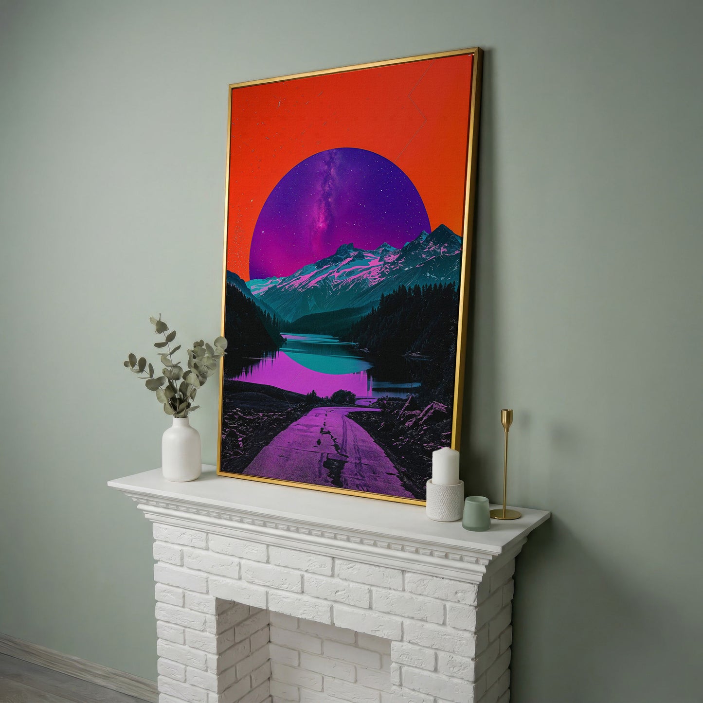 Surreal Mountain Lake Road Under a Starry Sky Canvas Print in yellow gold floating frame