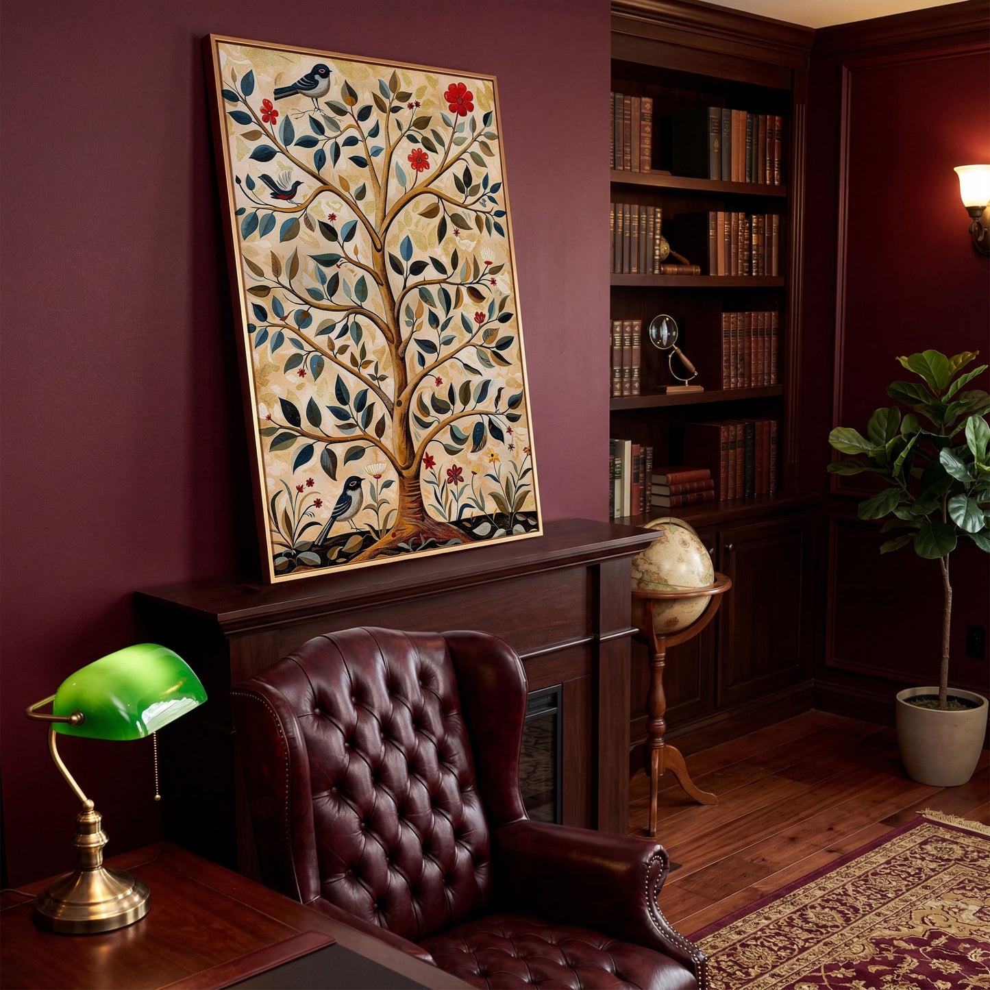 Tree of Life Canvas with Colorful Birds in antique gold floating frame