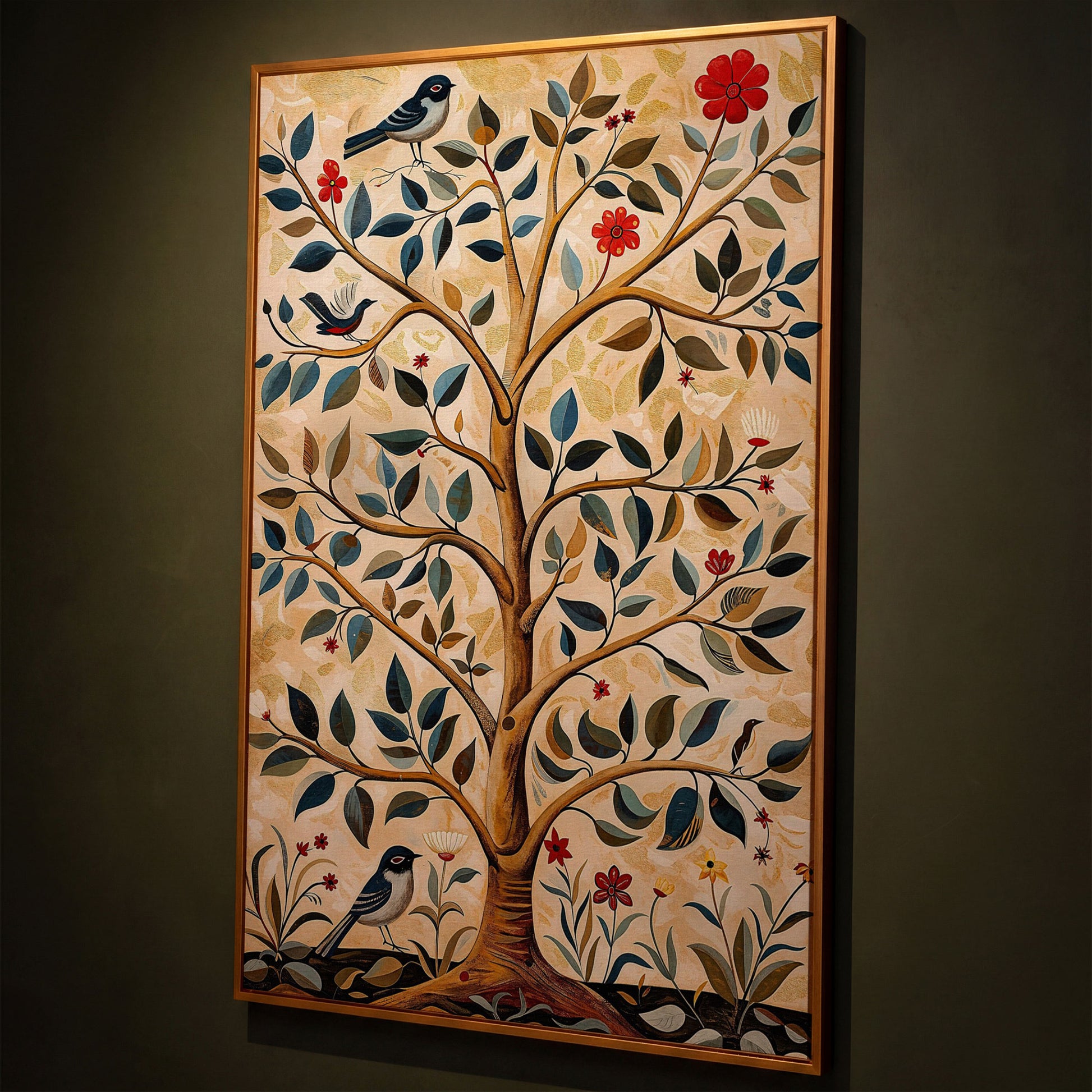 Tree of Life Canvas with Colorful Birds shown in antique gold floating frame