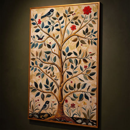 Tree of Life Canvas with Colorful Birds shown in antique gold floating frame