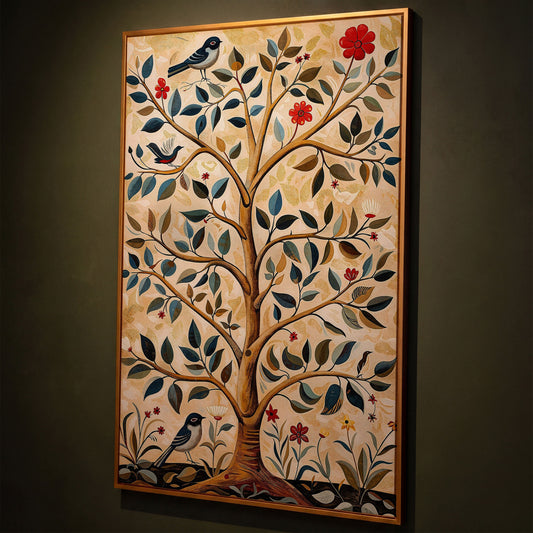 Tree of Life Canvas with Colorful Birds shown in antique gold floating frame