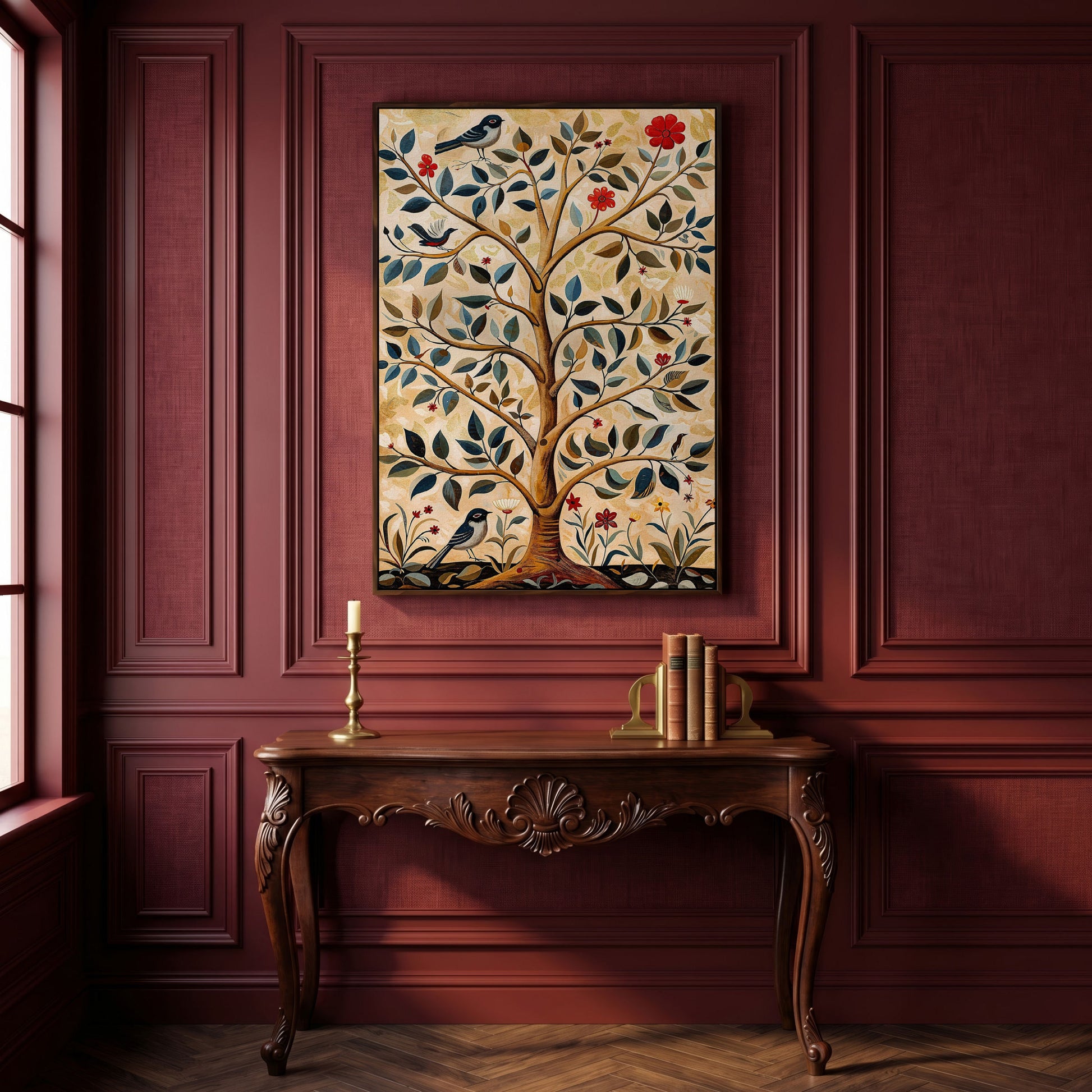 Tree of Life Canvas with Colorful Birds in dark walnut floating frame