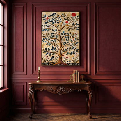 Tree of Life Canvas with Colorful Birds in dark walnut floating frame