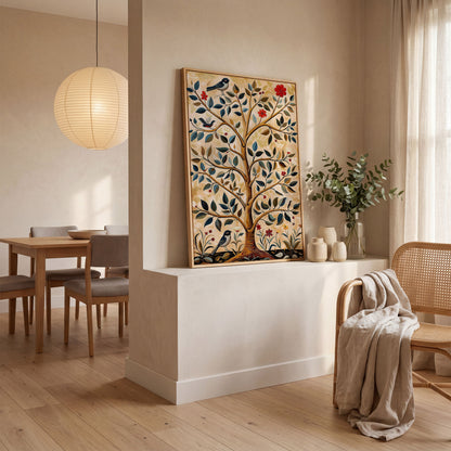 Tree of Life Canvas with Colorful Birds in white oak floating frame
