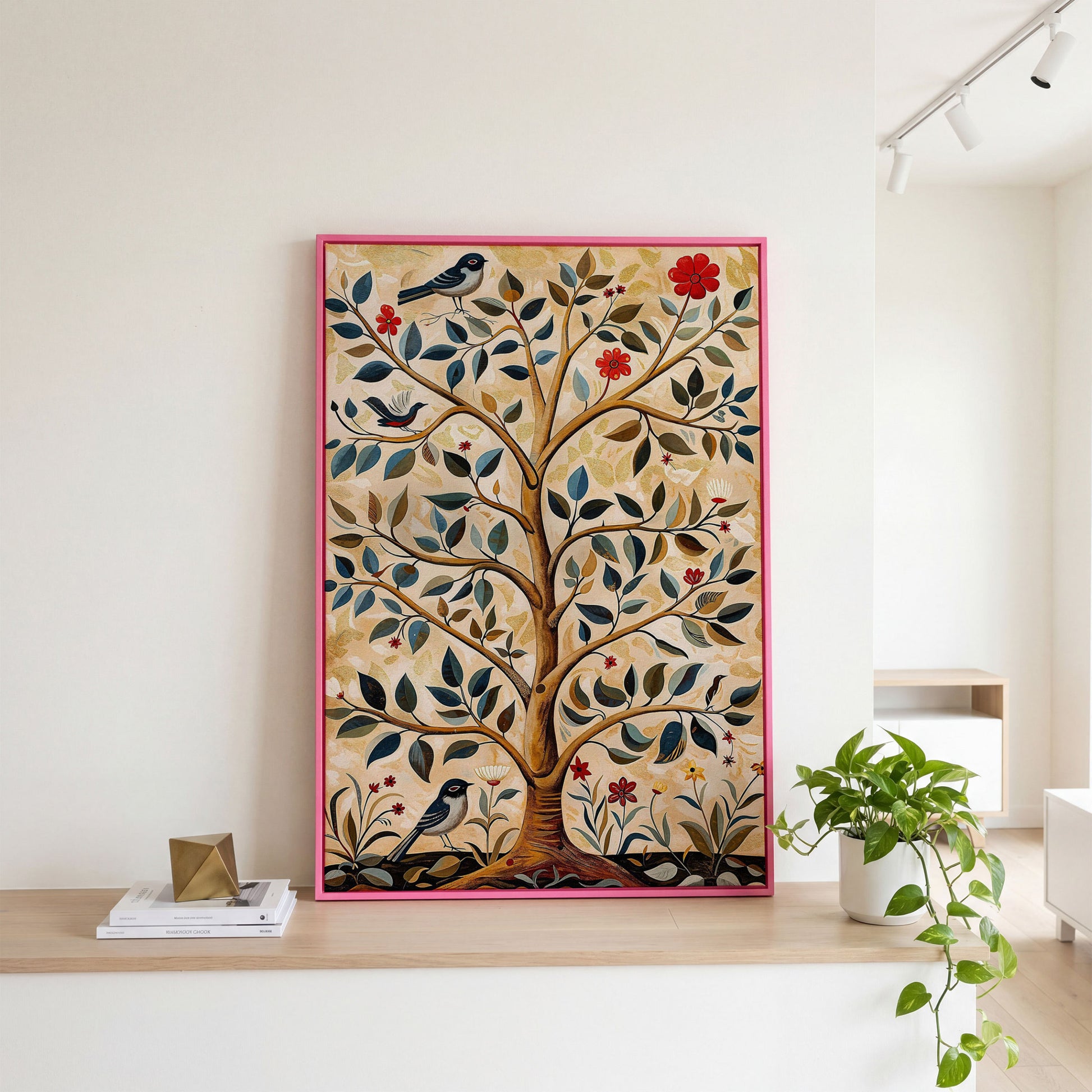 Tree of Life Canvas with Colorful Birds in pink floating frame