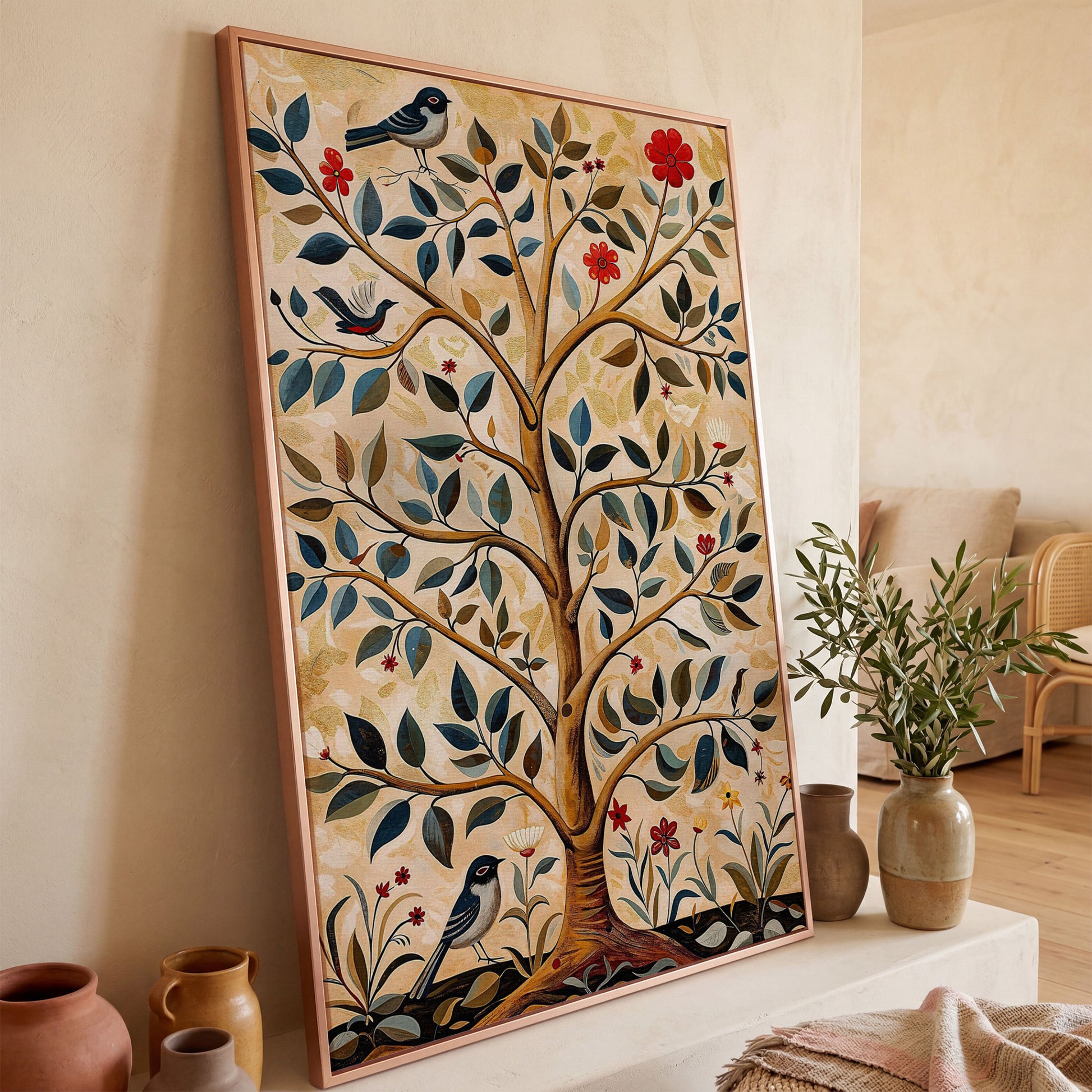 Tree of Life Canvas with Colorful Birds in rose gold floating frame