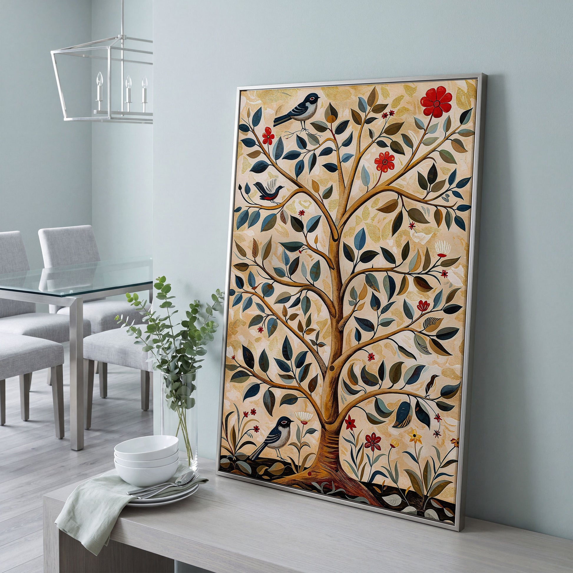 Tree of Life Canvas with Colorful Birds in silver floating frame