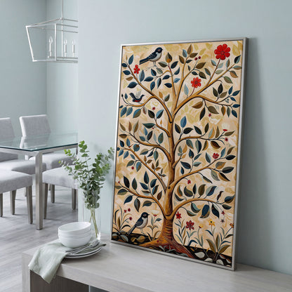 Tree of Life Canvas with Colorful Birds in silver floating frame