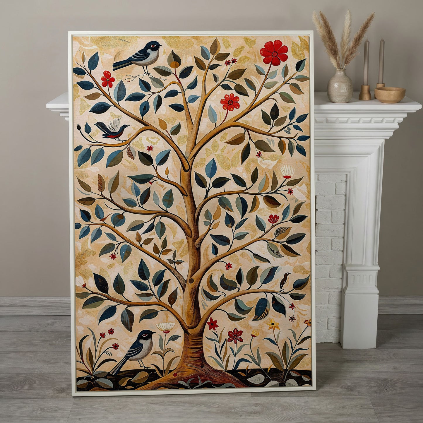 Tree of Life Canvas with Colorful Birds in white floating frame
