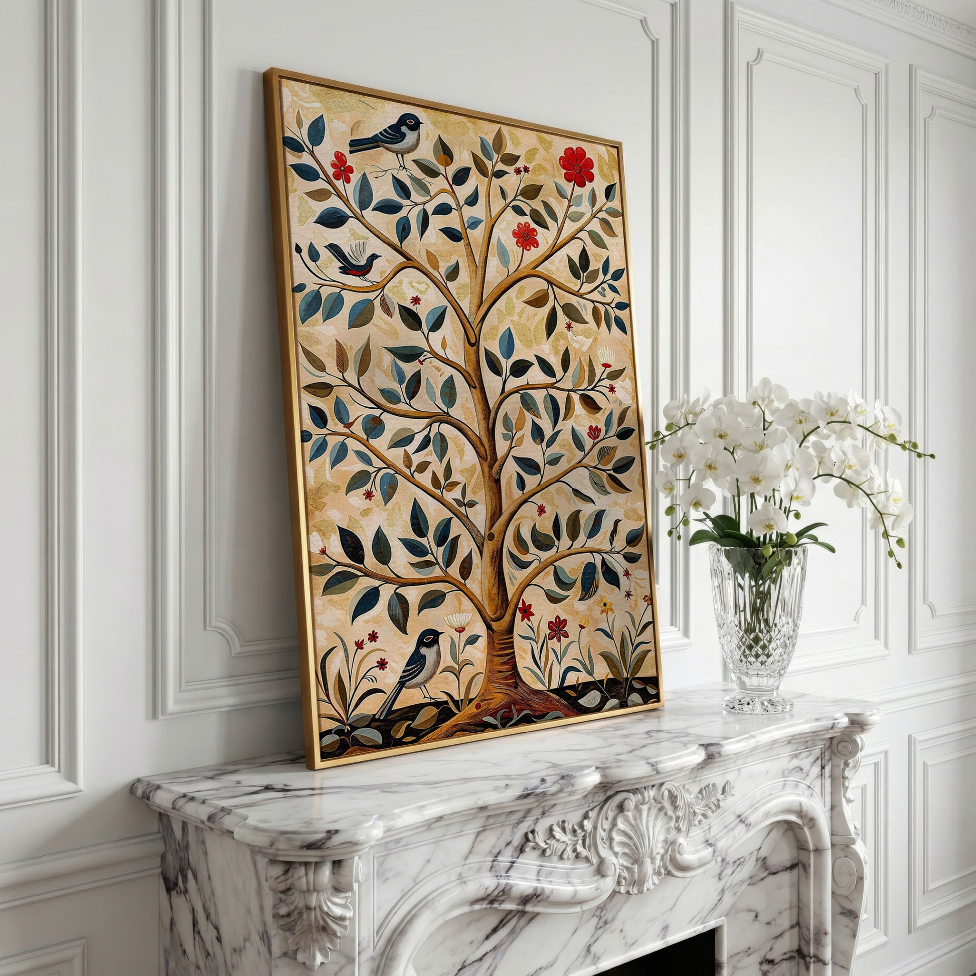 Tree of Life Canvas with Colorful Birds in yellow gold floating frame
