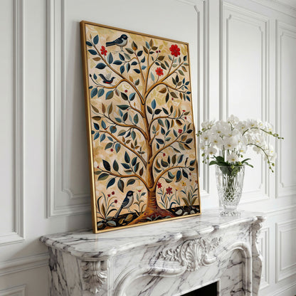 Tree of Life Canvas with Colorful Birds in yellow gold floating frame