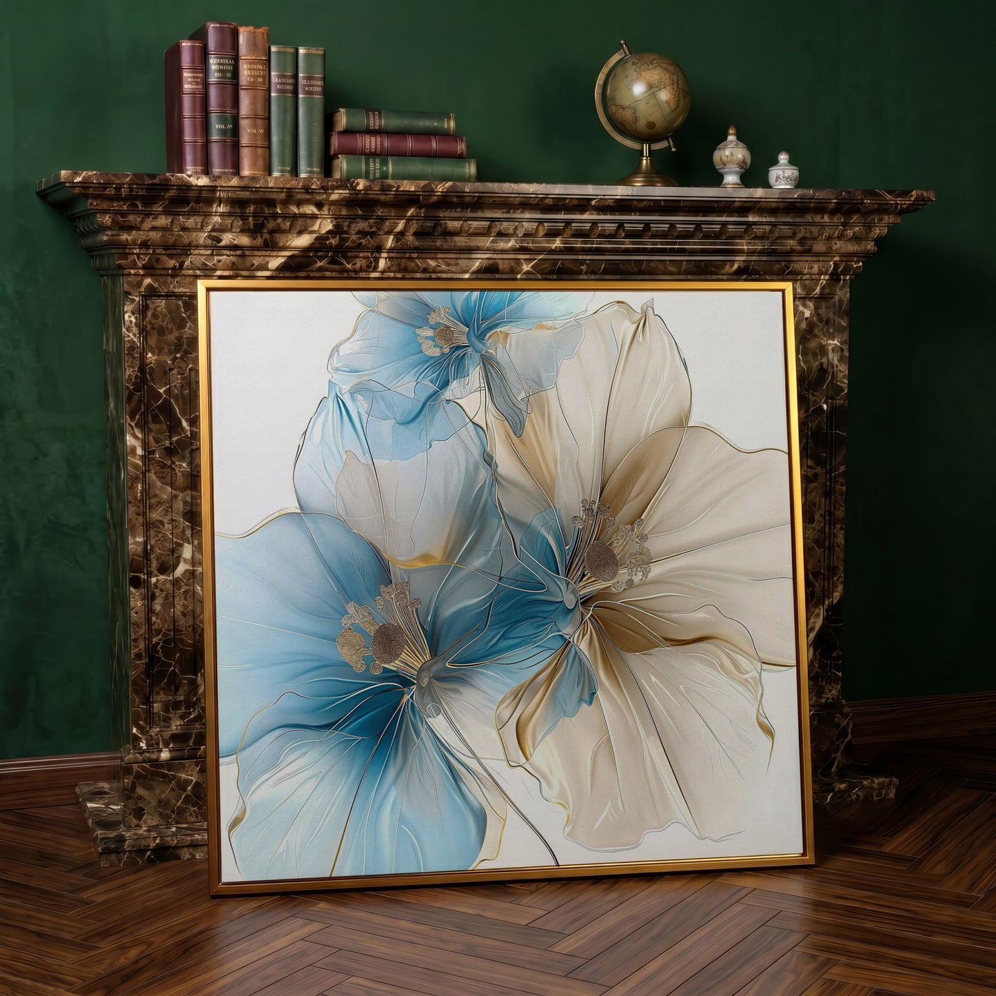 Abstract Floral Canvas Art, Large Blue Beige Flower Print in antique gold floating frame