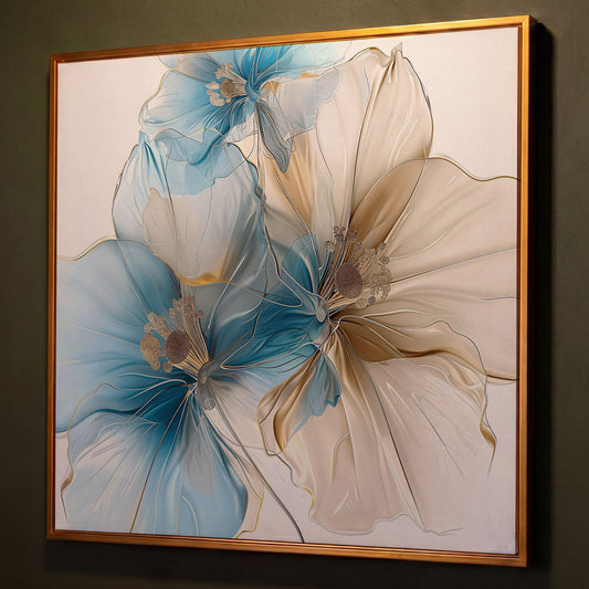 Abstract Floral Canvas Art, Large Blue Beige Flower Print shown in antique gold floating frame
