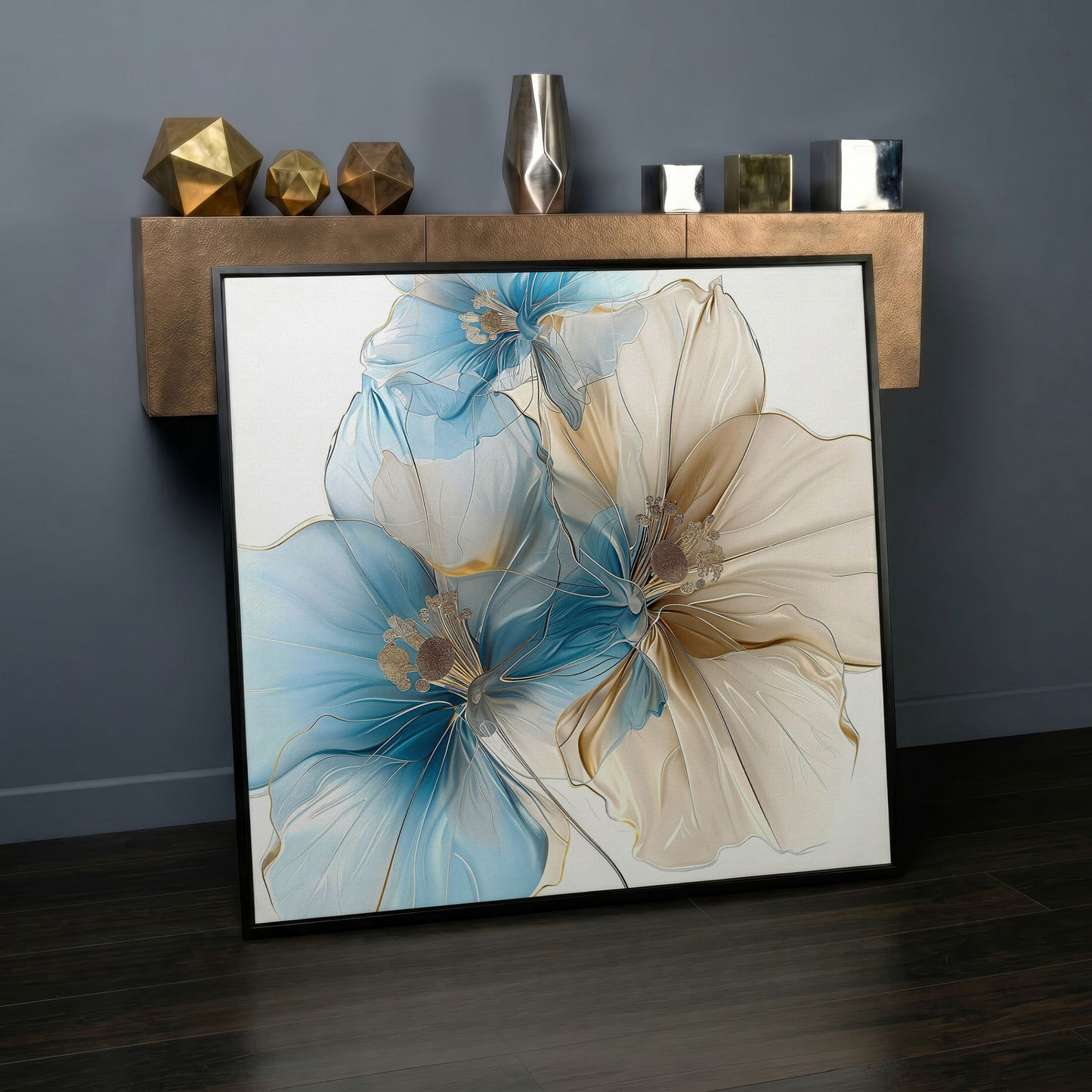 Abstract Floral Canvas Art, Large Blue Beige Flower Print in black floating frame