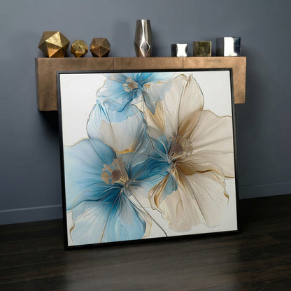 Abstract Floral Canvas Art, Large Blue Beige Flower Print in black floating frame