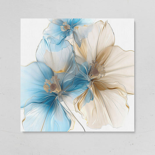 Abstract Floral Canvas Art, Large Blue Beige Flower Print on gallery wrap