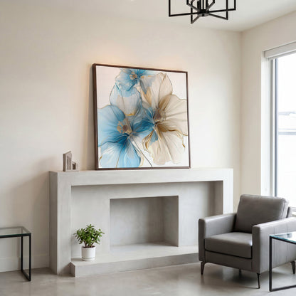 Abstract Floral Canvas Art, Large Blue Beige Flower Print in dark walnut floating frame