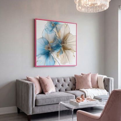 Abstract Floral Canvas Art, Large Blue Beige Flower Print in pink floating frame