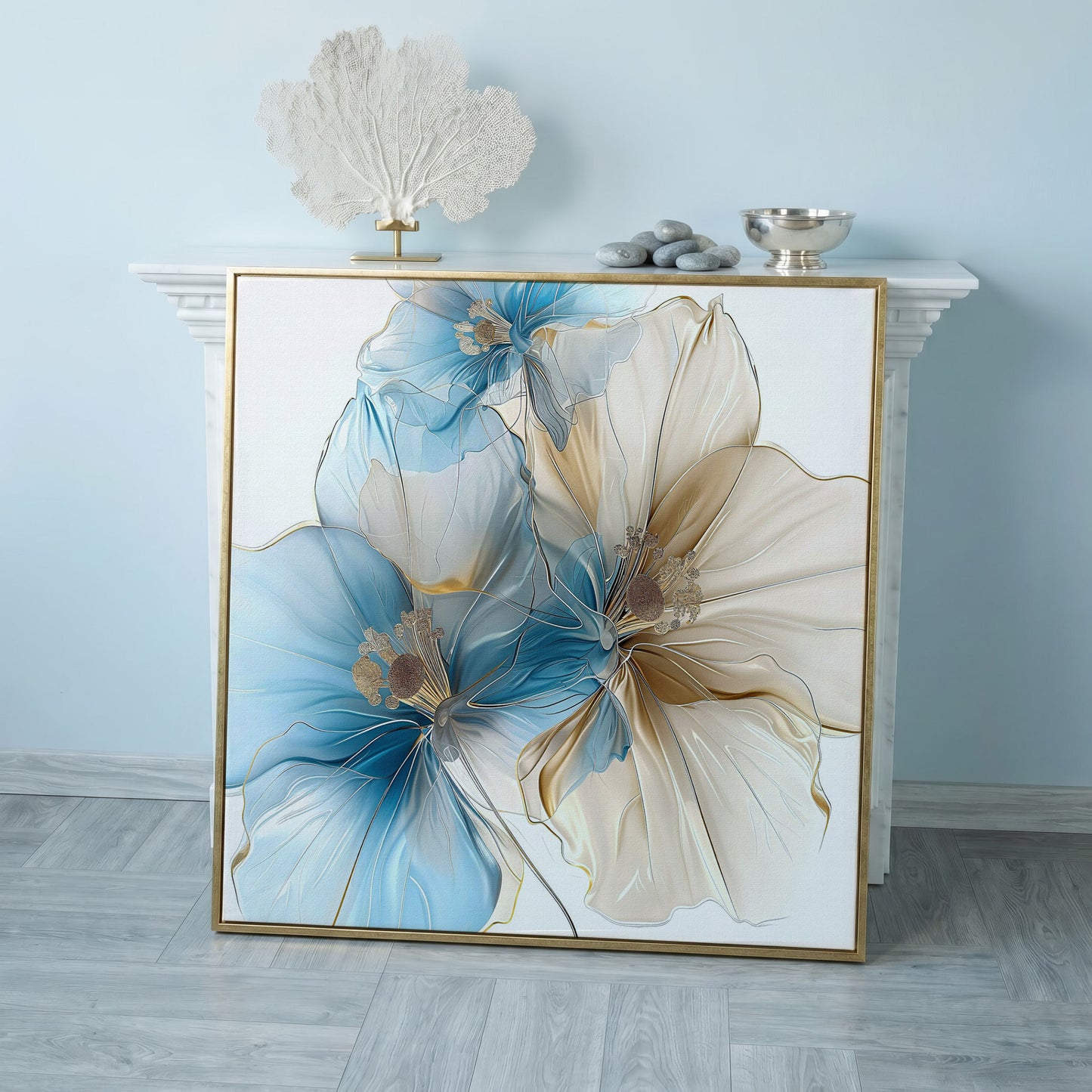 Abstract Floral Canvas Art, Large Blue Beige Flower Print in rose gold floating frame