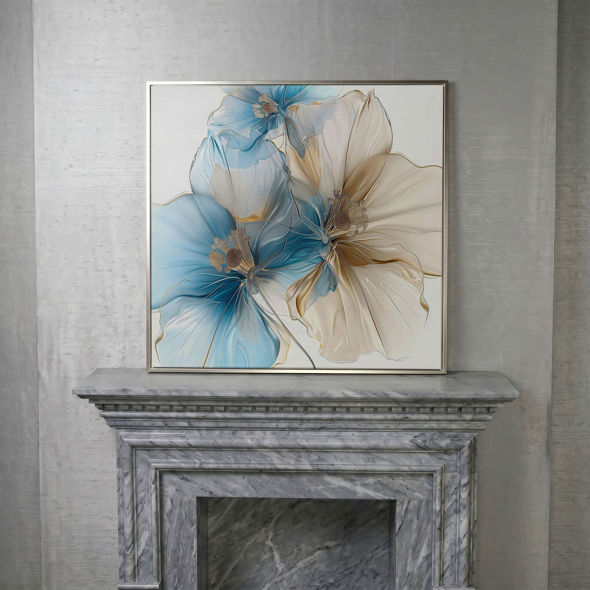 Abstract Floral Canvas Art, Large Blue Beige Flower Print in silver floating frame