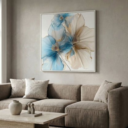 Abstract Floral Canvas Art, Large Blue Beige Flower Print in white floating frame